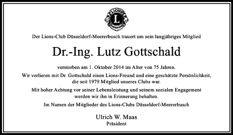  Traueranzeige für Dr.-Ing. Lutz Gottschald vom 18.10.2014 aus Rheinische Post