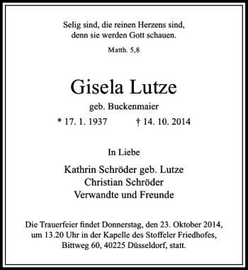 Traueranzeige von Gisela Lutze von Rheinische Post