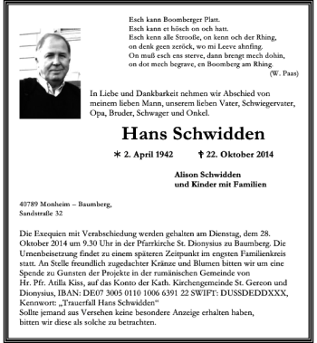 Traueranzeige von Hans Schwidden von Rheinische Post