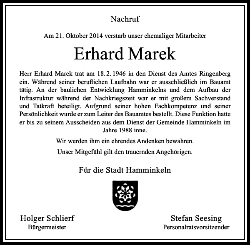  Traueranzeige für Erhard Marek vom 25.10.2014 aus Rheinische Post