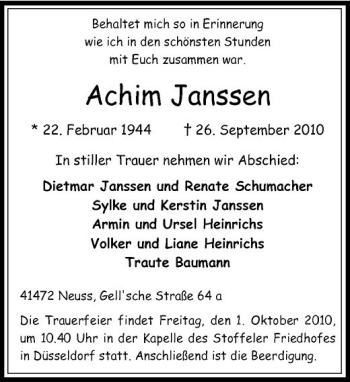 Traueranzeige von Achim Janssen von Rheinische Post