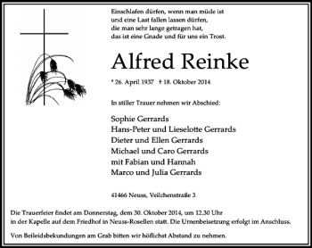 Traueranzeige von Reinke Alfred von Rheinische Post