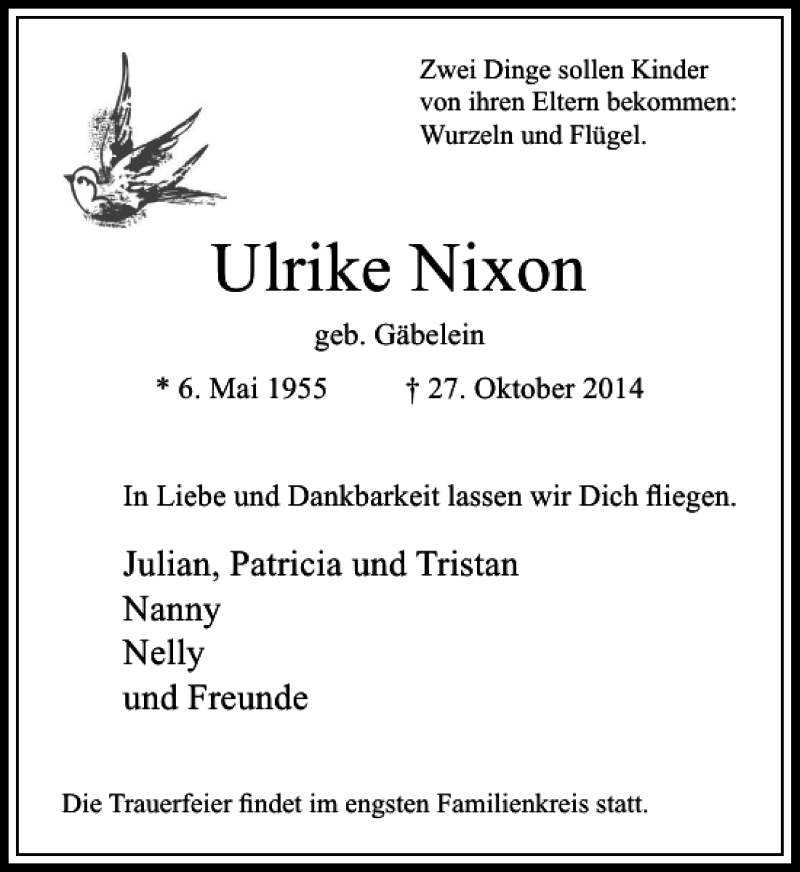  Traueranzeige für Ulrike Nixon vom 30.10.2014 aus Rheinische Post