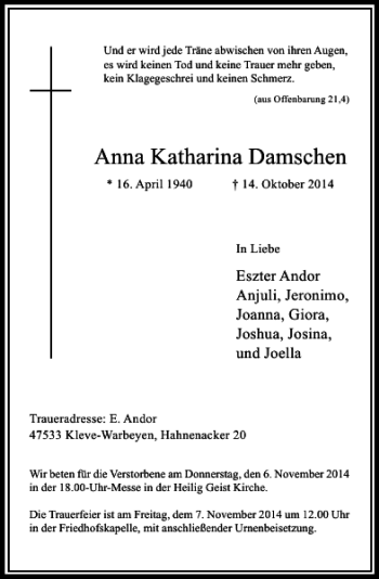 Traueranzeige von Anna Katharina Damschen von Rheinische Post