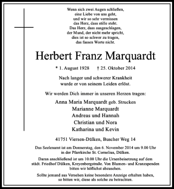 Traueranzeige von Herbert Franz Marquardt von Rheinische Post