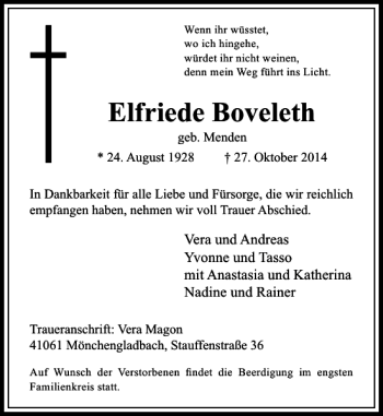 Traueranzeige von Elfriede Boveleth von Rheinische Post