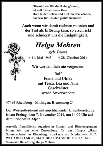 Traueranzeige von Helga Mehren von Rheinische Post