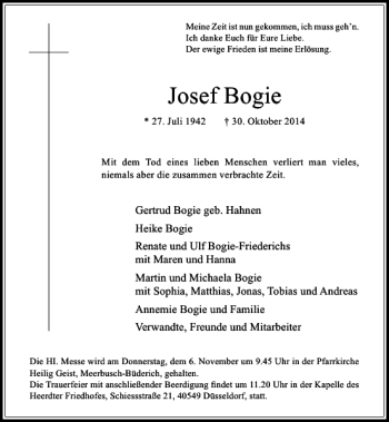 Traueranzeige von Josef Bogie von Rheinische Post