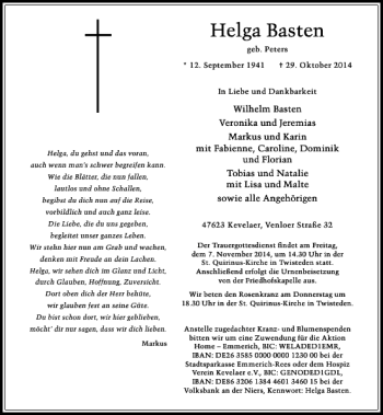 Traueranzeige von Helga Basten von Rheinische Post