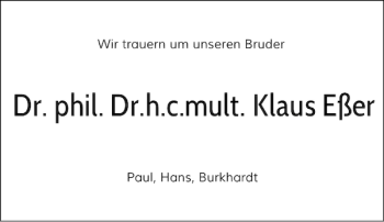 Traueranzeige von Dr. Dr. phil. Dr. h.c. mult. Klaus Eßer von Rheinische Post