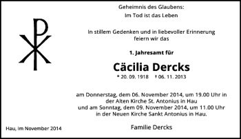 Traueranzeige von Cäcilia Dercks von Rheinische Post