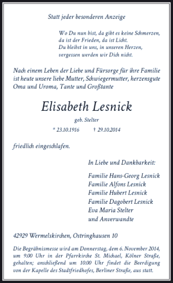 Traueranzeige von Elisabeth Lesnick von Rheinische Post