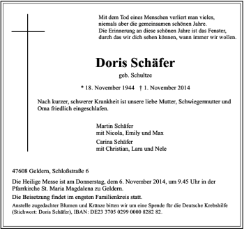 Traueranzeige von Doris Schäfer von Rheinische Post