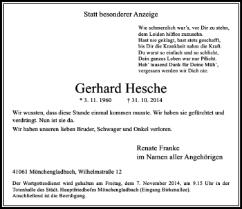 Traueranzeige von Gerhard Hesche von Rheinische Post