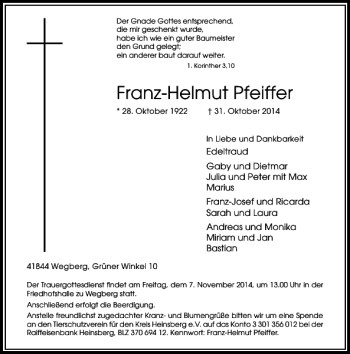 Traueranzeige von Franz-Helmut Pfeiffer von Rheinische Post