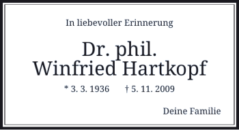 Traueranzeige von Dr. phil. Winfried Hartkopf von Rheinische Post