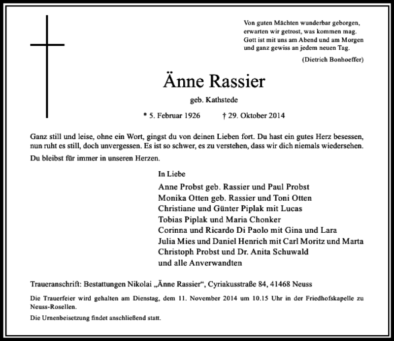  Traueranzeige für Rassier Änne vom 05.11.2014 aus Rheinische Post