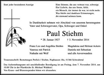 Traueranzeige von Paul Stiehm von Rheinische Post