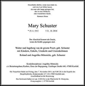 Traueranzeige von Mary Schuster von Rheinische Post