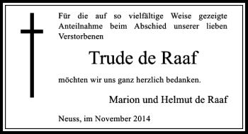 Traueranzeige von Trude de Raaf von Rheinische Post