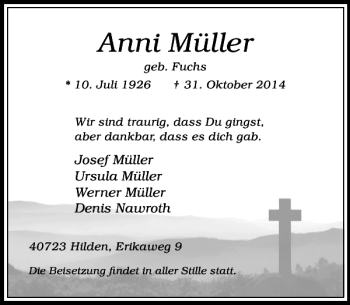 Traueranzeige von Anni Müller von Rheinische Post