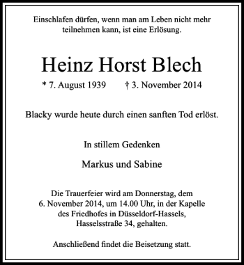 Traueranzeige von Heinz Horst Blech von Rheinische Post