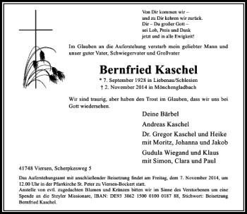 Traueranzeige von Bernfried Kaschel von Rheinische Post