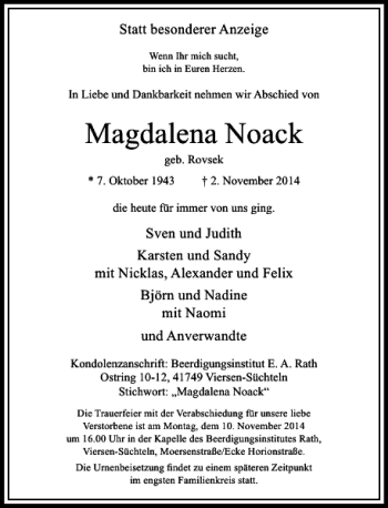 Traueranzeige von Magdalena Noack von Rheinische Post