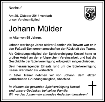 Traueranzeige von Johann Mülder von Rheinische Post