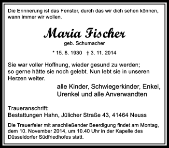 Traueranzeige von Maria Fischer von Rheinische Post