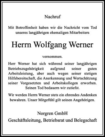 Traueranzeige von Wolfgang Werner von Rheinische Post