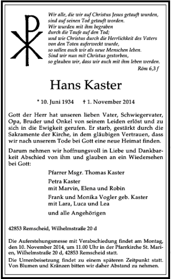 Traueranzeige von Hans Kaster von Rheinische Post