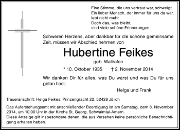 Traueranzeige von Hubertine Feikes von Rheinische Post