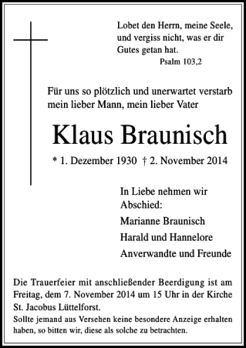 Traueranzeige von Klaus Braunisch von Rheinische Post