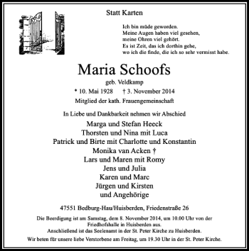 Traueranzeige von Maria Schoofs von Rheinische Post