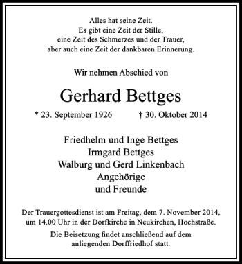 Traueranzeige von Gerhard Bettges von Rheinische Post