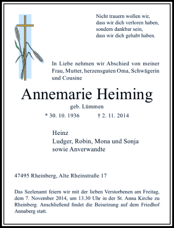 Traueranzeige von Annemarie Heiming von Rheinische Post