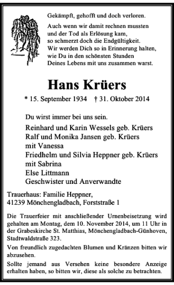 Traueranzeige von Hans Krüers von Rheinische Post