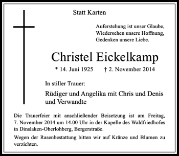 Traueranzeige von Christel Eickelkamp von Rheinische Post