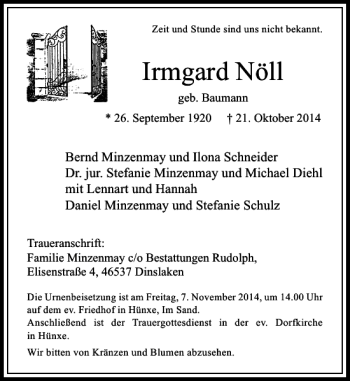 Traueranzeige von Irmgard Nöll von Rheinische Post