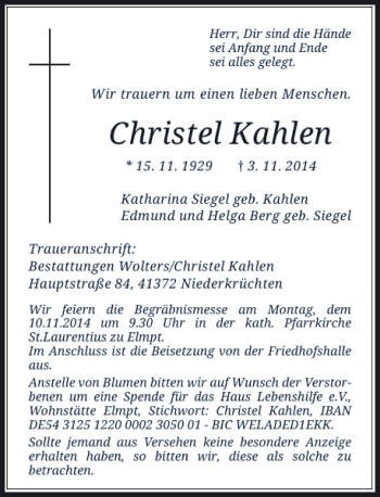 Traueranzeige von Christel Kahlen von Rheinische Post