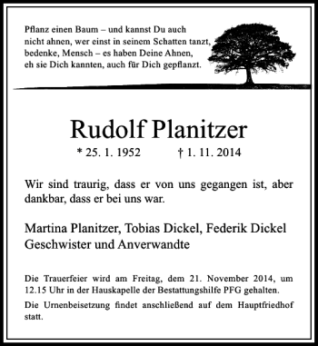 Traueranzeige von Rudolf Planitzer von Rheinische Post