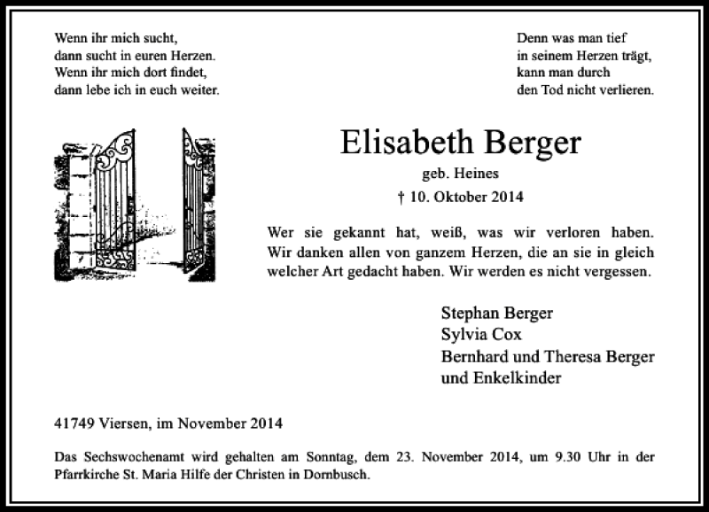  Traueranzeige für Elisabeth Berger vom 15.11.2014 aus Rheinische Post