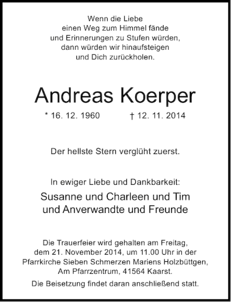 Traueranzeige für Andreas Koerper vom 18.11.2014 aus Rheinische Post