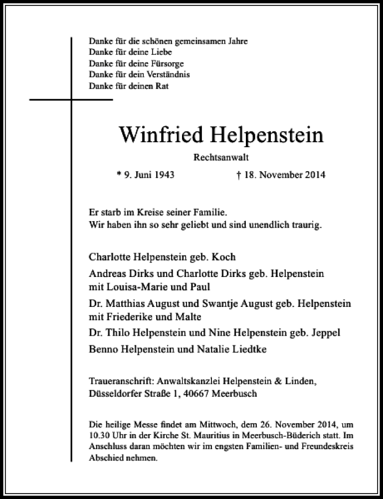  Traueranzeige für Winfried Helpenstein vom 22.11.2014 aus Rheinische Post