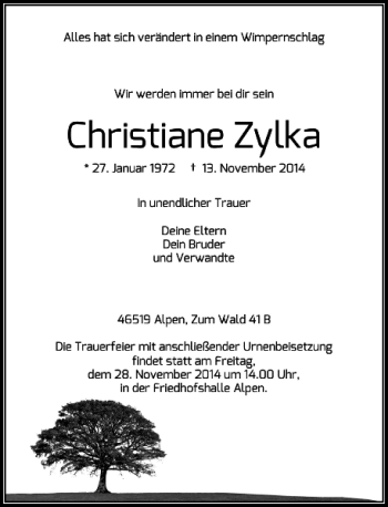 Traueranzeige von Christiane Zylka von Rheinische Post