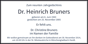 Traueranzeige von Dr. Heinrich Bruners von Rheinische Post