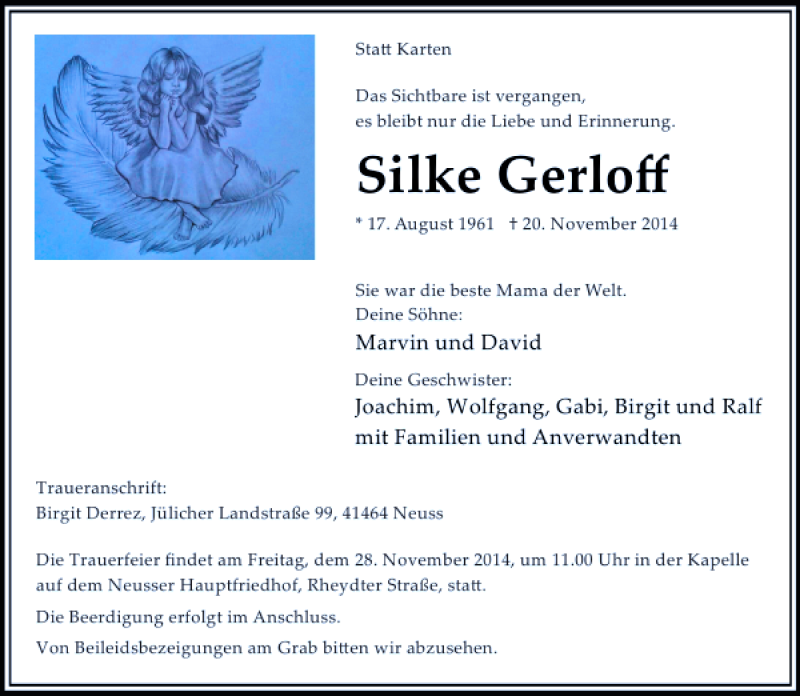  Traueranzeige für Silke Gerloff vom 25.11.2014 aus Rheinische Post