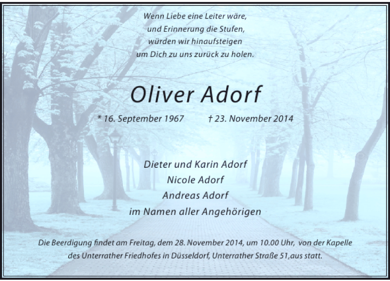  Traueranzeige für Oliver Adorf vom 26.11.2014 aus Rheinische Post