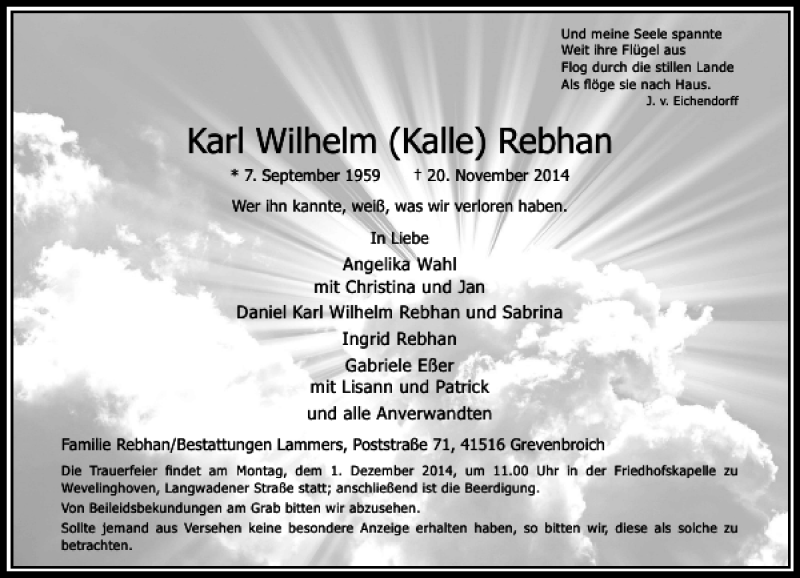  Traueranzeige für Karl Wilhelm Kalle Rebhan vom 26.11.2014 aus Rheinische Post